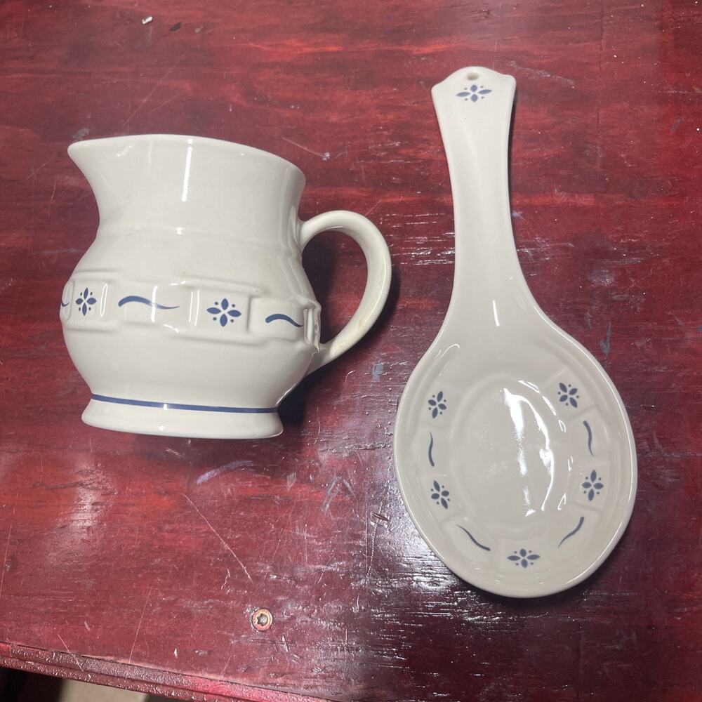 Longaberger Pottery Spoon Rest & Creamer Woven Traditions Classic Blue USA